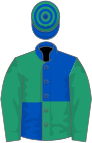 ROYAL BLUE and EMERALD GREEN QUARTERED, green sleeves, hooped cap