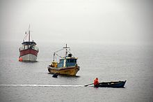 Pescador atravesando la bahía de Quemchi en un bote