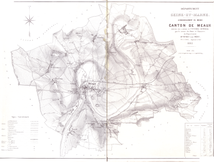 Kart over det tidligere kantonen Meaux fra 1883 som viser tettstedene til kantonen.