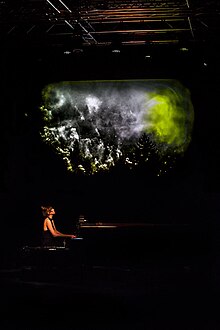 Ackroyd'un tiyatroda performans sergileyen renkli fotoğrafı. Oturmuş, piyano çalıyor, piyanonun arkasında bir projeksiyonla