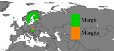 Land hvor Margit (grønt) er mye brukt