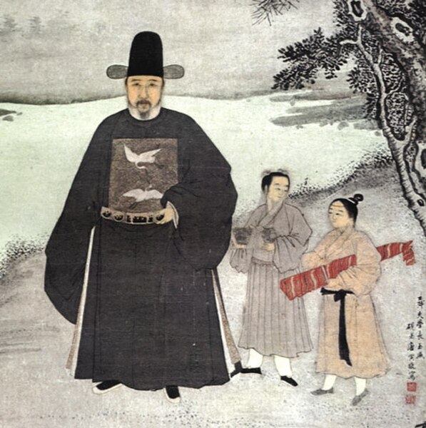 A 15th-century portrait of the Ming official Jiang Shunfu. The cranes on his mandarin square indicate that he was a civil official of the sixth rank.