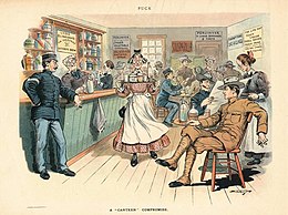 A Puck cartoon of 1906 depicts Lydia Blinkham (a caricature of Pinkham) serving her medicine to soldiers as a canteen compromise, i.e. as a substitute for true alcoholic drinks.