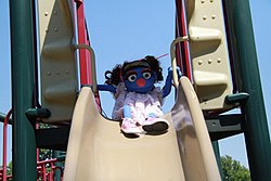 Bleeckie, a rod puppet from a series of web videos, ready to slide Puppet Bleeckie sliding.jpg