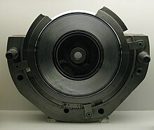 Cutaway shot of one side of a 7" record mould with stamper fitted. Record press 1978.jpg