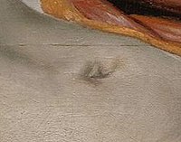 The corpse's navel is formed from the letter R Rembrandt Harmensz-navel.jpg