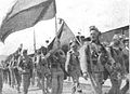 Żołnierze 17 Pułku Piechoty z flagą dwu-kolorową[d], 1914 r.