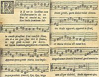 The printing of Resonet in laudibus in the 1582 Swedish songbook Piae Cantiones. Resonet in laudibus.jpg