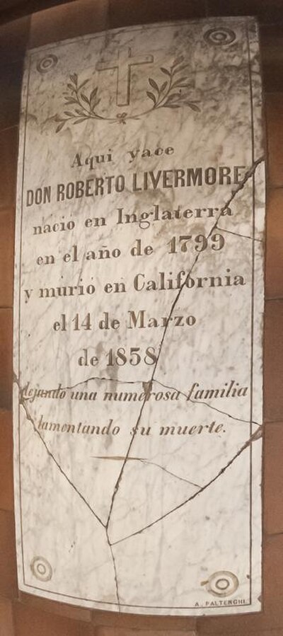 Robert Livermore's grave marker restored in the mission floor, with his date of death given as 14 March 1858