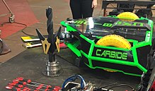 Robot Wars series 9 champion Carbide was a two-wheeled bot with a horizontal spinning bar Robot Wars Carbide (cropped).jpg