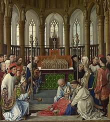 Rogier van der Weyden, The Exhumation of St. Hubert (1430'ların sonu), National Gallery, Londra.  Bu resim bize ikonoklastik dalgalardan önce kiliselerin içinin nasıl göründüğü hakkında bir fikir veriyor.