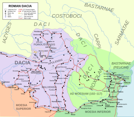 Map of Roman Dacia, part of modern-day Romania and Serbia, from the conquest of Trajan in 106 AD to the Roman evacuation of the province in 271 AD Roman province of Dacia (106 - 271 AD).svg