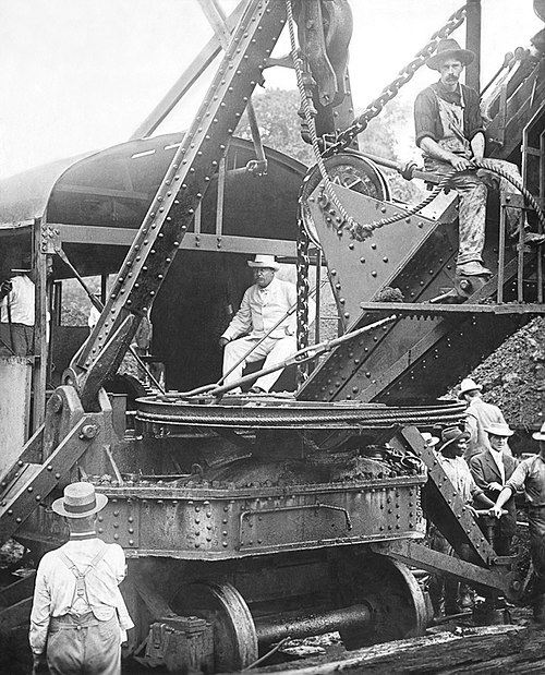 Theodore Roosevelt on a Bucyrus shovel in the Panama Canal in 1906