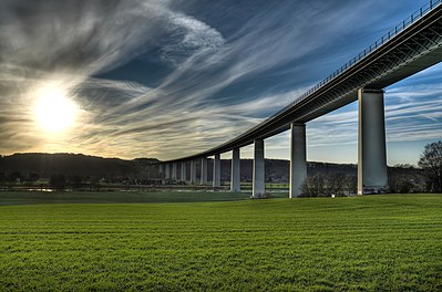 The bridge "Mintarder Ruhrtalbrücke" in Mülheim an der Ruhr is an impressive landmark in the Ruhr valley connecting the cities Düsseldorf and Essen through a motorway.