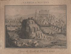 Vue semblable, seul change les personnages qui ici se reposent dans un pré et l'arrière-plan. Le faubourg d'Arroux est directement sur l'autre rive, surplombé par sa porte antique.