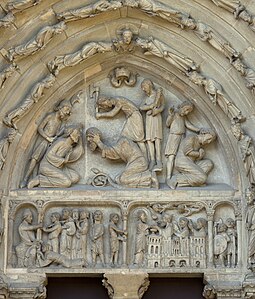 Detail of the north portal sculpture; the martyrdom of Saint Denis, Eleuthere and Rustique (12th c.)
