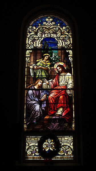 File:Saint Wendelin Church (Saint Henry, Ohio) - stained glass, nave, Christ with Martha and Mary.jpg