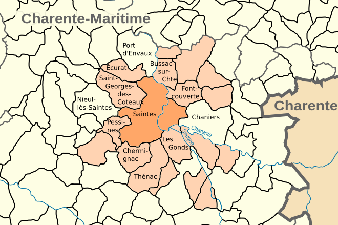 Mapa que muestra Saintes y sus comunas vecinas