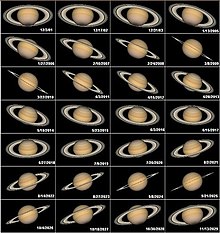 Várias imagens de Saturno justapostas. Nas primeiras, os anéis elípticos, em visão oblíqua, são aparentes. A seguir, os anéis são somente uma linha diagonal