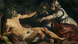 Scaldis and Antverpia 1609. oil on panel medium QS:P186,Q296955;P186,Q106857709,P518,Q861259 . 174 × 308 cm (68.5 × 121.2 in). Antwerp, Royal Museum of Fine Arts Antwerp.