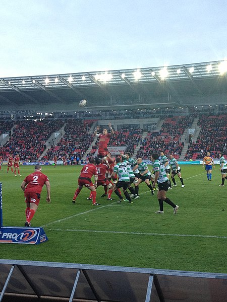 Scarlets players contest a line-out in a match against Benetton Treviso in 2013