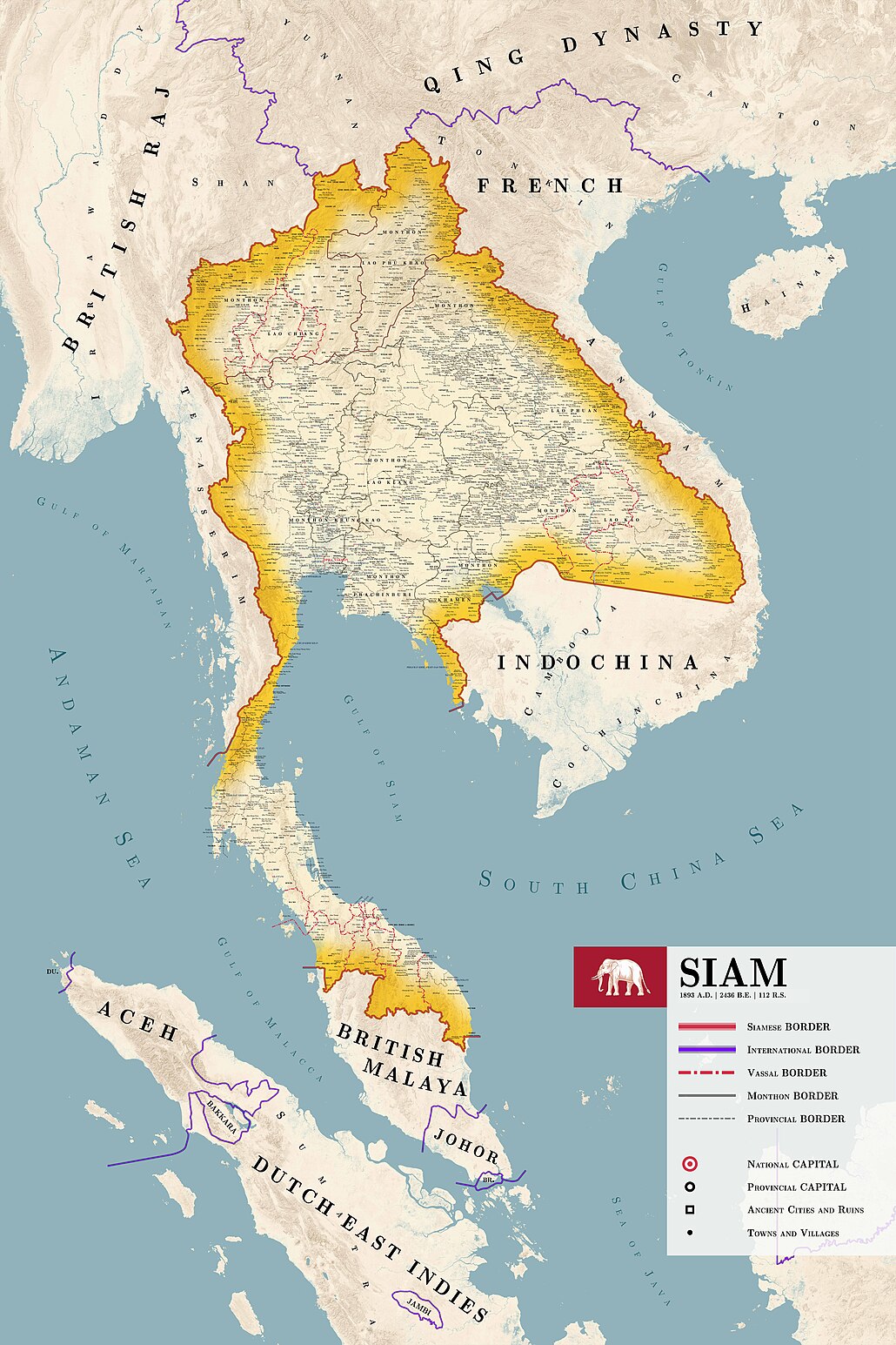 Provinces of Siam (Thailand) in 1871 Siam in 1893, During Rama V's Reign.jpg