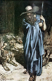 Odin sous l'apparence d'un voyageur (illustration d'Arthur Rackham pour l'opéra Siegfried de Richard Wagner).