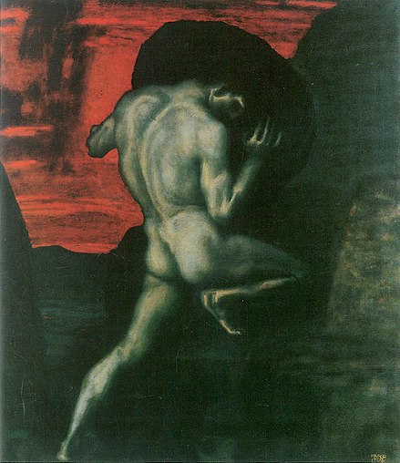 Sisyphus, the symbol of the absurdity of existence, painting by Franz Stuck (1920).