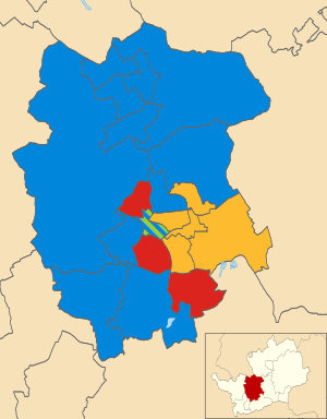 Map of the results of the 2011 St Albans City and District Council election. Conservatives in blue, Liberal Democrats in yellow, Labour in red and Greens in green. St Albans UK local election 2011 map.svg