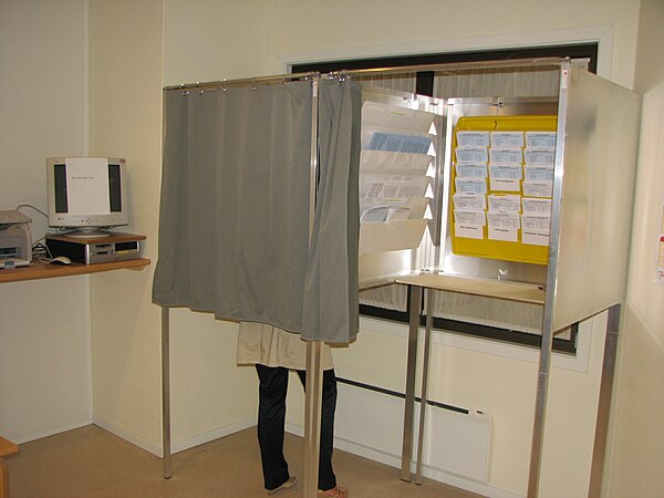 An election booth at the event of municipal and county voting, 2007