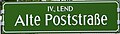 Grazer Straßenschild im Bezirk Lend, Stahlblech, gekantet, gelocht, emailliert, geöst; mittels Aluprofilklemmen mit Kunststoffkappen gehaltert[16]