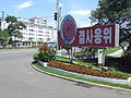 Cartell amb imatge de la flor en un carrer de Pyongyang.