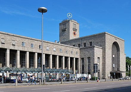 The main building (Bonatzbau) of Stuttgart Hauptbahnhof, with the tower and the rotating Mercedes-Benz star atop it