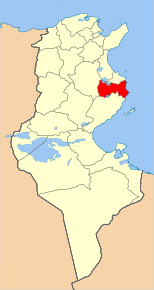 Harta guvernoratului Mahdia în cadrul Tunisiei