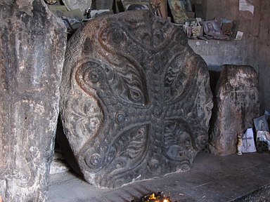 Talin, Kuys Sandukht Chapel, unique round cross-stone, 8th century