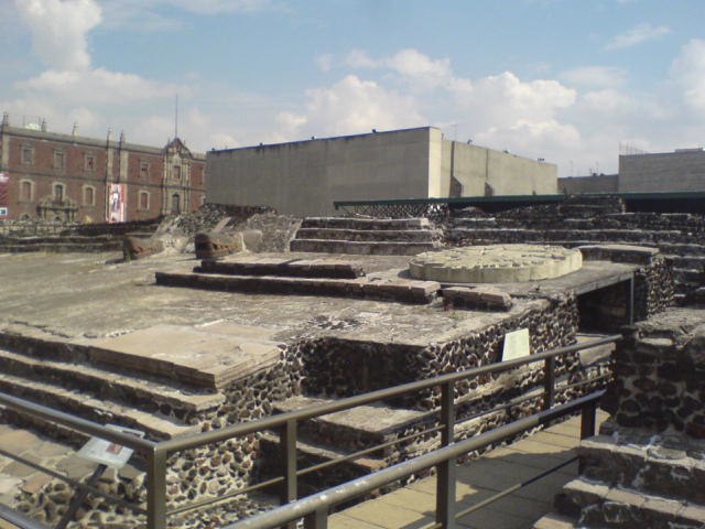 A view of the ruins of the Templo Mayor with museum in background