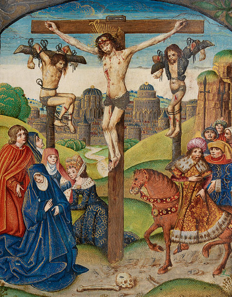 Christ on the Cross between two thieves. Illumination from the Vaux Passional, 16th century