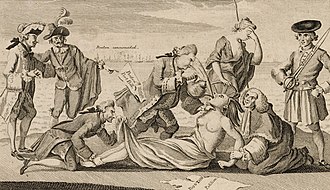 A 1774 etching from The London Magazine depicts Prime Minister Lord North, author of the Boston Port Act, forcing the Intolerable Acts down the throat of America, whose arms are restrained by Lord Chief Justice Mansfield, and a tattered "Boston Petition" lays trampled on the ground beside her. Lord Sandwich pins down her feet and peers up her robes; behind them, Mother Britannia weeps while France and Spain look on The able doctor, or America swallowing the bitter draught (NYPL Hades-248165-425086) (cropped).jpg