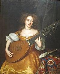 A 1670 painting of an English theorbo player.