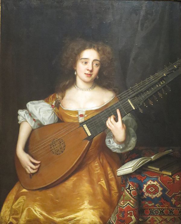 A 1670 painting of an English theorbo player.