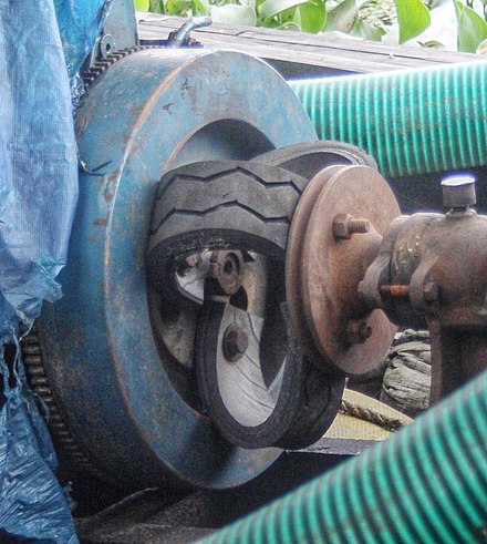 An improvised flexible coupling made of car tyre pieces connects the drive shafts of an engine and a water pump. This one is used to cancel out misalignment and dampen vibrations.