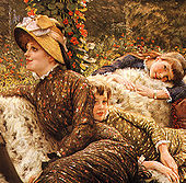 Summer dresses of 1882 show Aesthetic influence in the small-scale floral prints. The straw hat frames the fashionable frizzled hair. Tissot Garden Bench Detail1.jpg