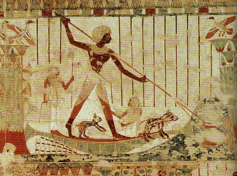 Photo of painting displaying man standing on boat with two small dogs, pointing spear at fish