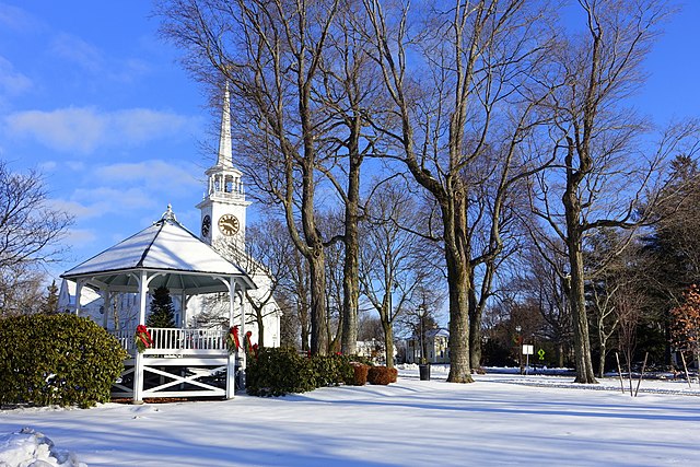 A typical New England town green in Shrewsbury, MA