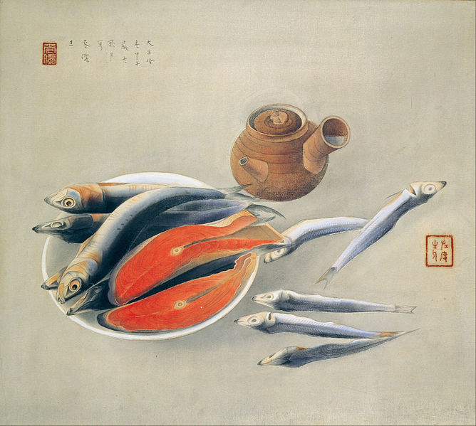 File:Tsuchida Bakusen - Still Life - Salmon Slices and Sardines - Google Art Project.jpg