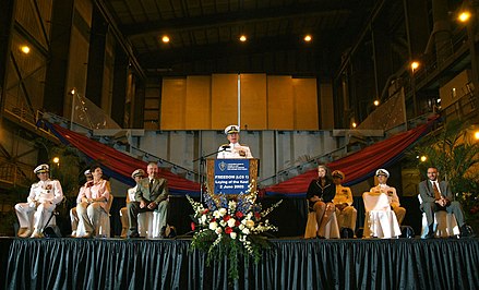 Keel laying ceremony for USS Freedom (LCS-1), 2005. Note the pre-fabricated module in the background.