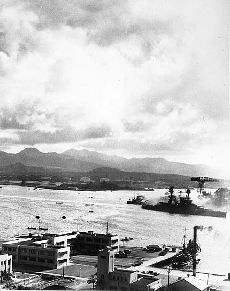 Fail:USS Nevada as seen from Ford Island passing avocet prior to first beaching NHC-USNHC - NH 97397.jpg