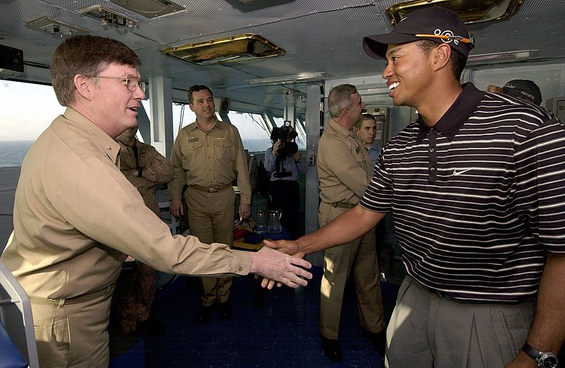File:US Navy 040303-N-5319A-001 Tiger Woods meets Commander Carrier Group Eight (CCG-8) Rear Adm. Denby H. Starling II, on the flag bridge aboard the aircraft carrier USS George Washington (CVN 73).jpg