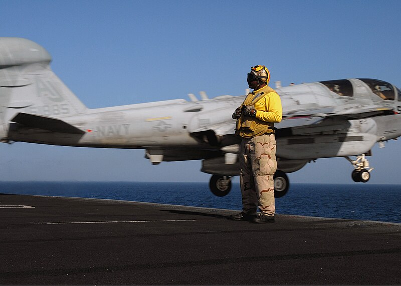 File:US Navy 081103-N-9900B-007 Chief Aviation Boatswain's Mate (Handling) Richard McCray stands by as an EA-6B Prowler assigned to the.jpg