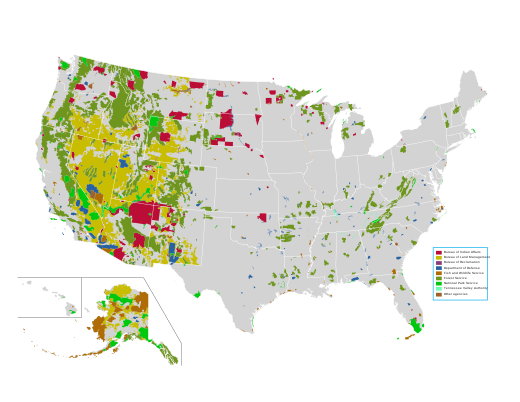 Map of all federally owned land in the United States. The green represents the Forest Service.